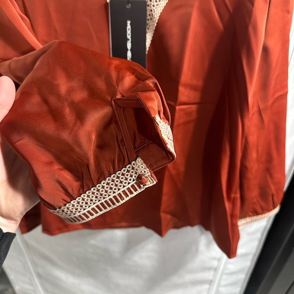 Women’s Solid Lace Long Sleeve Loose V Neck Smocked‎ Puff Blouse Size Large - Picture 4 of 7